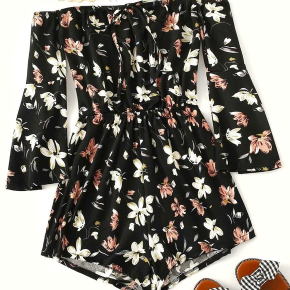 Off Shoulder Floral Romper - Picture 1 of 6